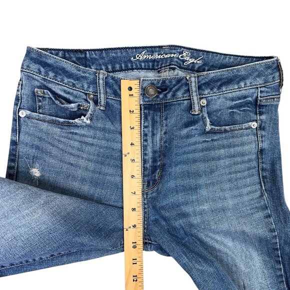 American Eagle AE77 High Rise Flare Jeans Womens 10 Blue Distressed Wide Leg - Picture 9 of 11